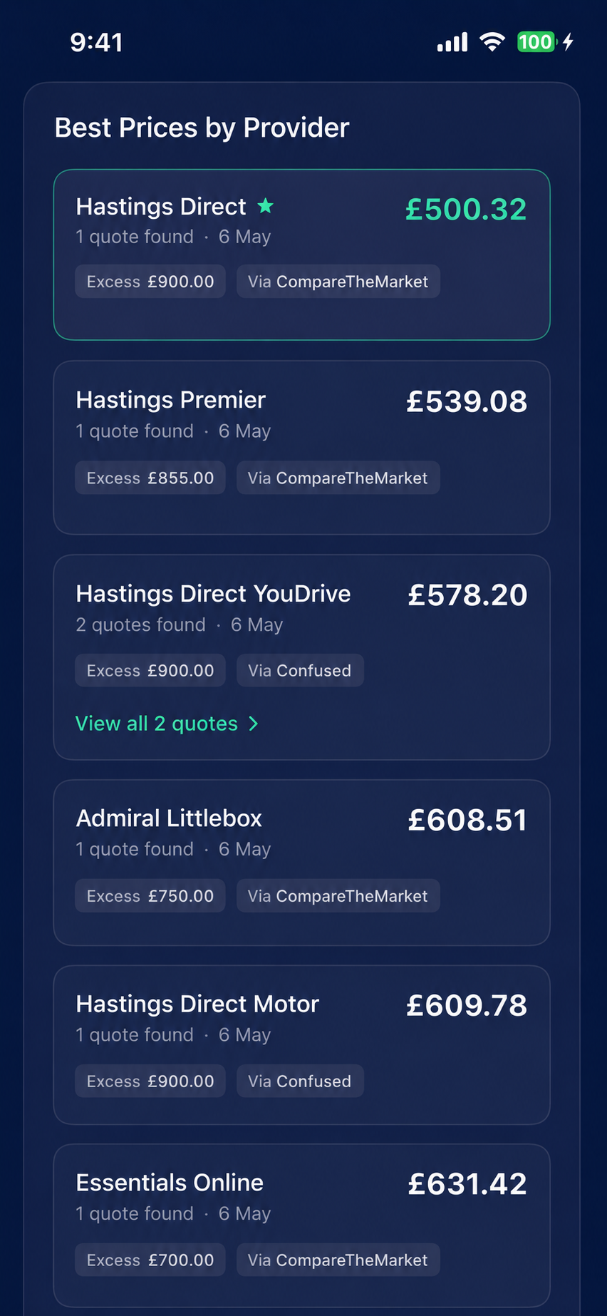 Looma prices by provider screen